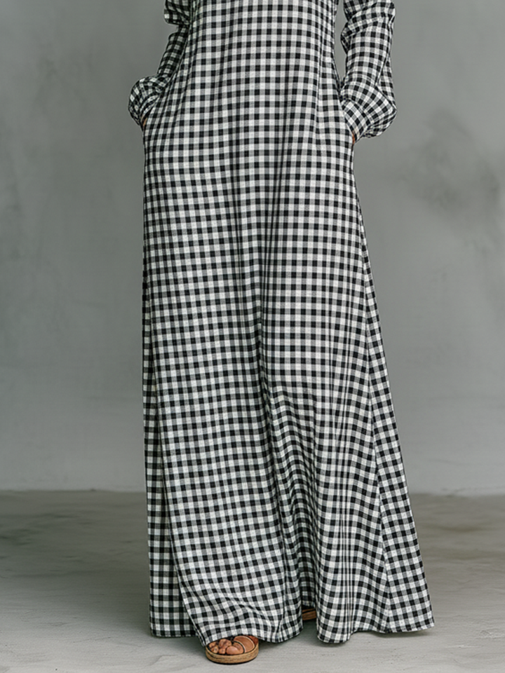 Elegant A-line women's maxi dress in classic gingham check, V-neck, long sleeves for a timeless casual look.