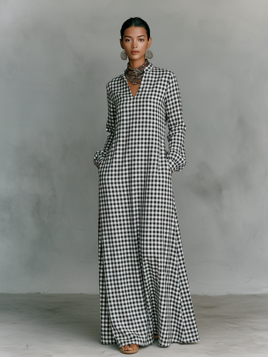 Versatile women's long sleeve V-neck gingham maxi dress, A-line silhouette, perfect casual chic outfit.