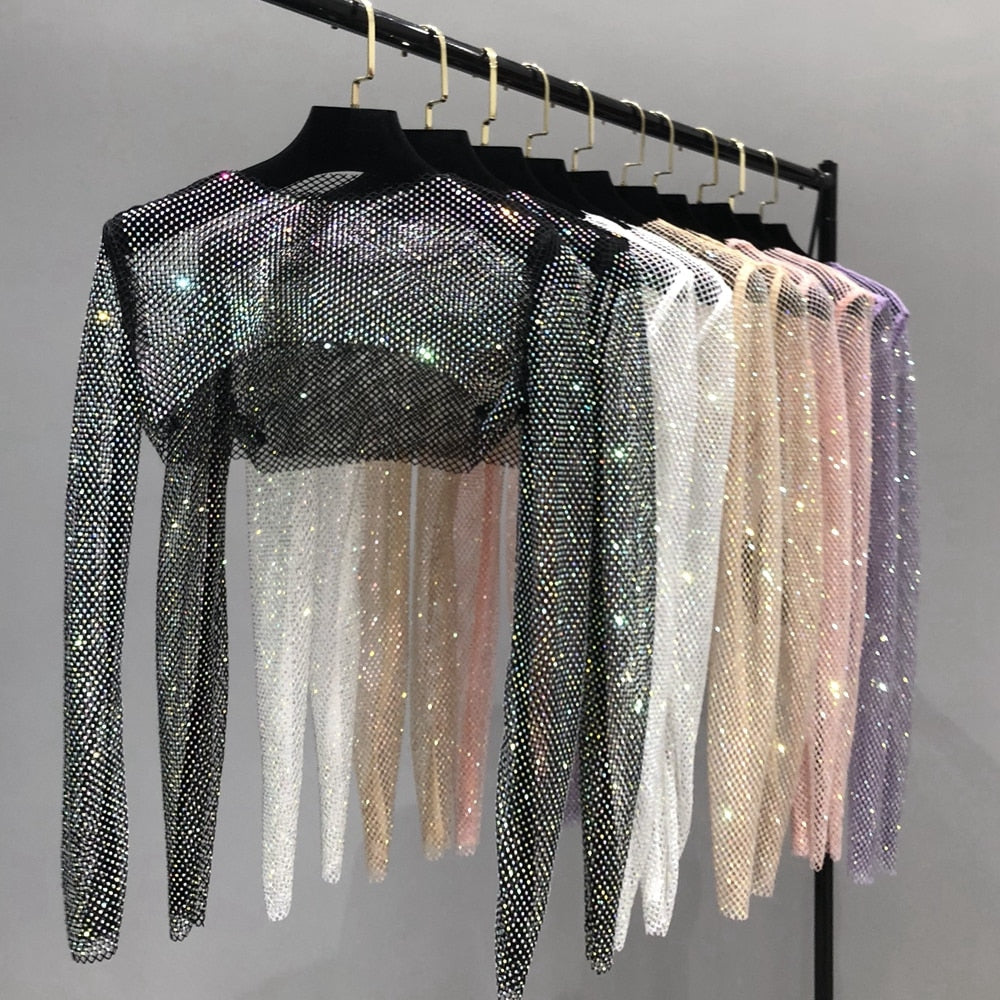 Women's glamorous rhinestone party net top. Perfect sparkle for evening wear & club.