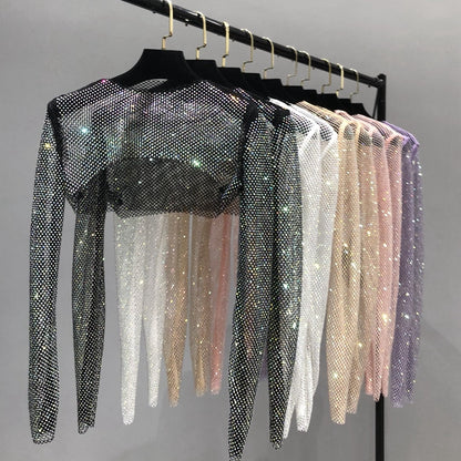 Women's glamorous rhinestone party net top. Perfect sparkle for evening wear & club.