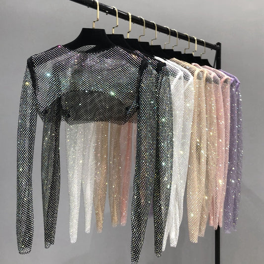 Women's glamorous rhinestone party net top. Perfect sparkle for evening wear & club.