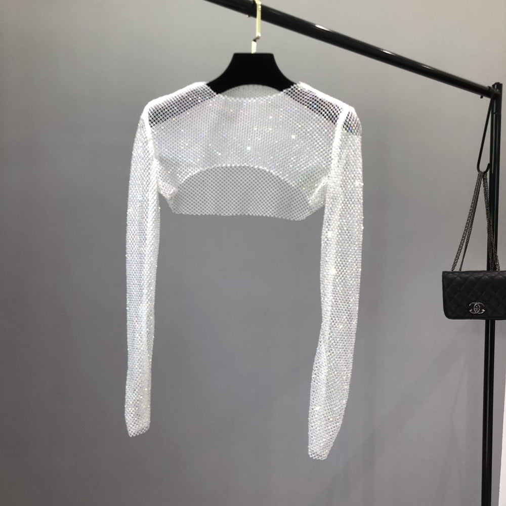 Sparkling women's rhinestone sheer glitter top, ideal for glamorous parties & night out clubwear.