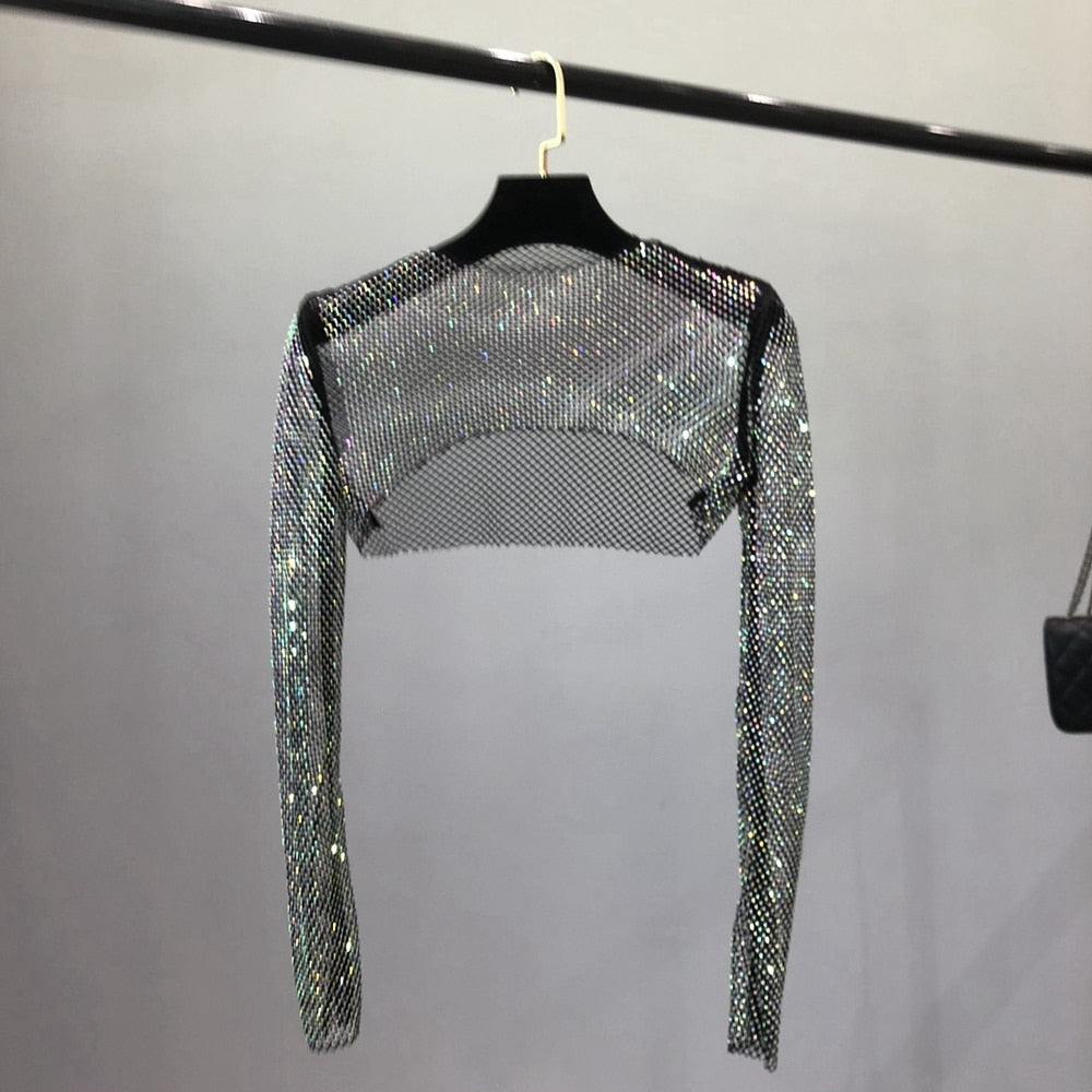 Dazzling women's rhinestone net top. Glamorous sparkle & glitter for party, clubwear & evening events.