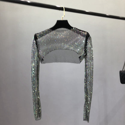 Dazzling women's rhinestone net top. Glamorous sparkle & glitter for party, clubwear & evening events.