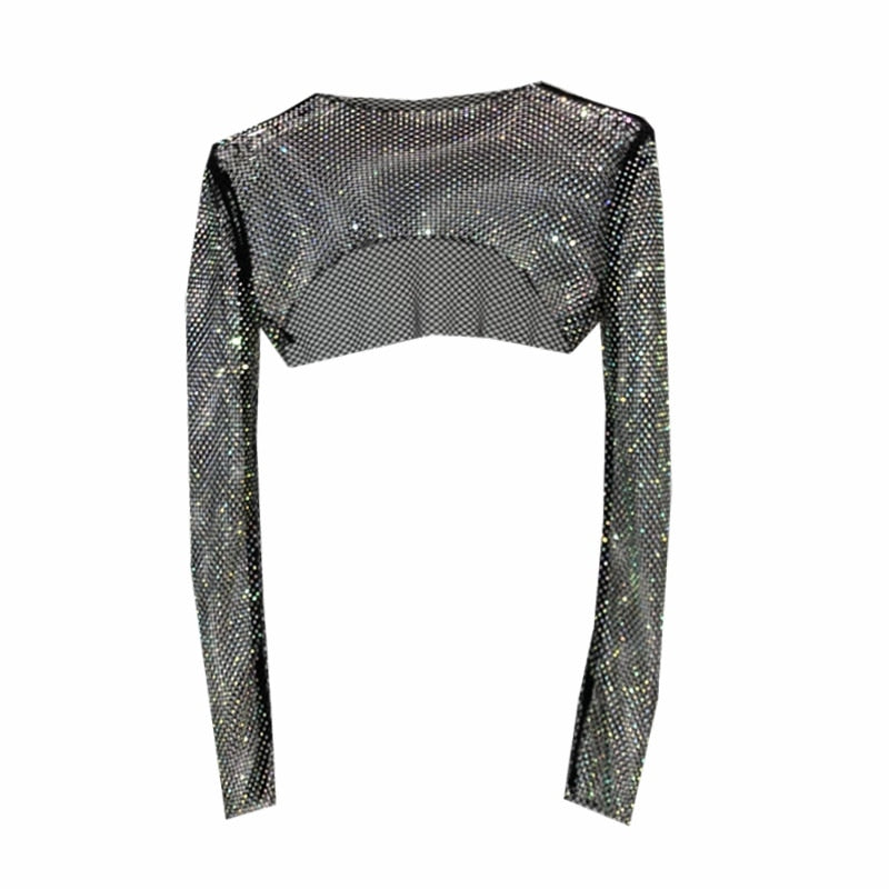 Fashionable women's rhinestone net top, offering a glamorous, sparkly look for parties & clubwear.