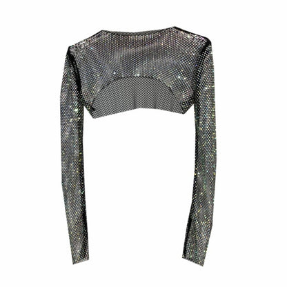 Fashionable women's rhinestone net top, offering a glamorous, sparkly look for parties & clubwear.