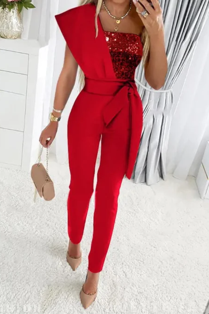 Elegant women's shimmering sequin jumpsuit, a sophisticated choice for any glamorous occasion.