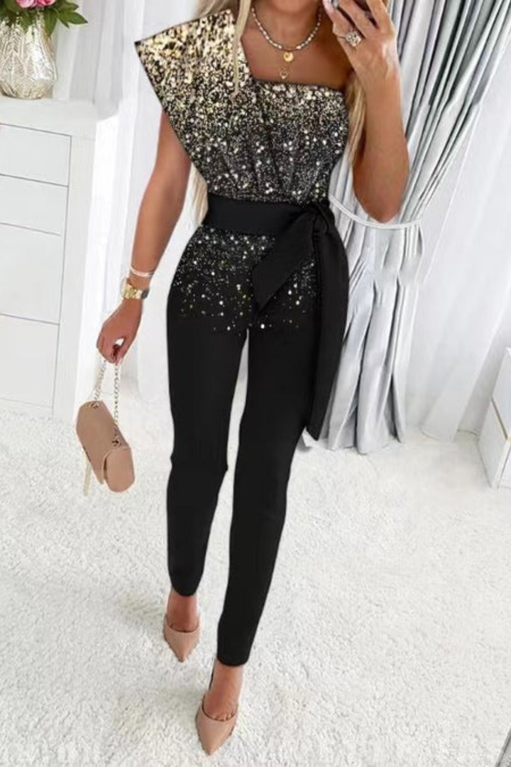 Chic women's sequin jumpsuit, offering dazzling glamour for evening, party, and formal events.