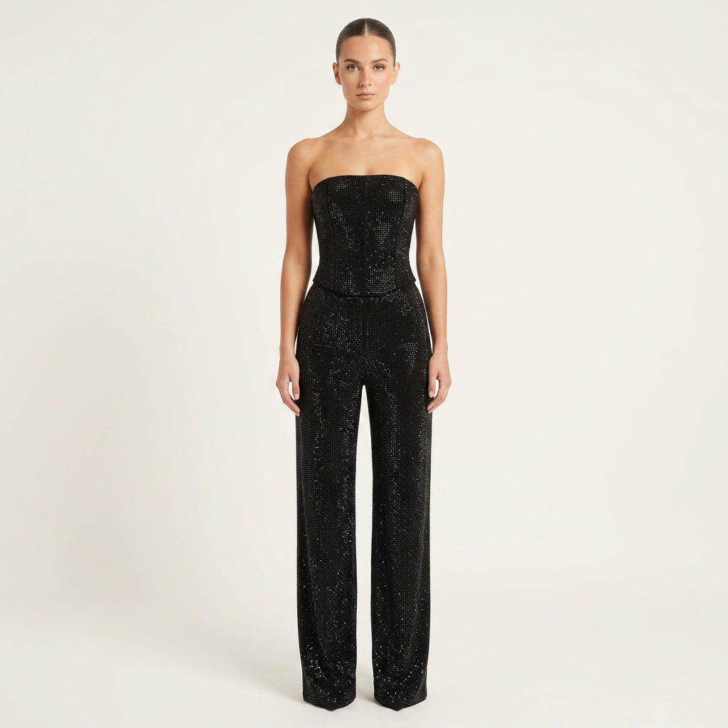 Women's glitter crop top & high-waist jeans matching set. Perfect party or night out outfit.