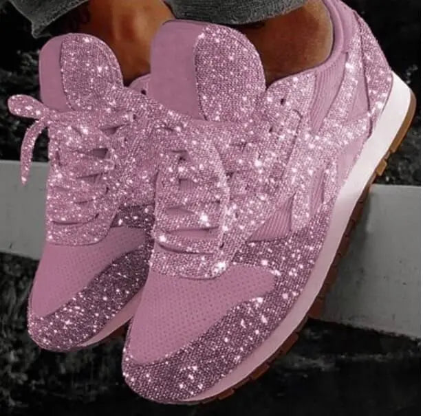 Women's glitter lace-up everyday sneakers with sparkling finish, perfect for casual style and comfortable wear.