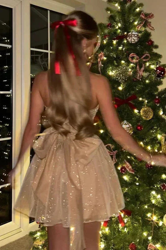 Flattering women's glitter strapless skater mini dress, perfect for homecoming, dance, or formal parties.