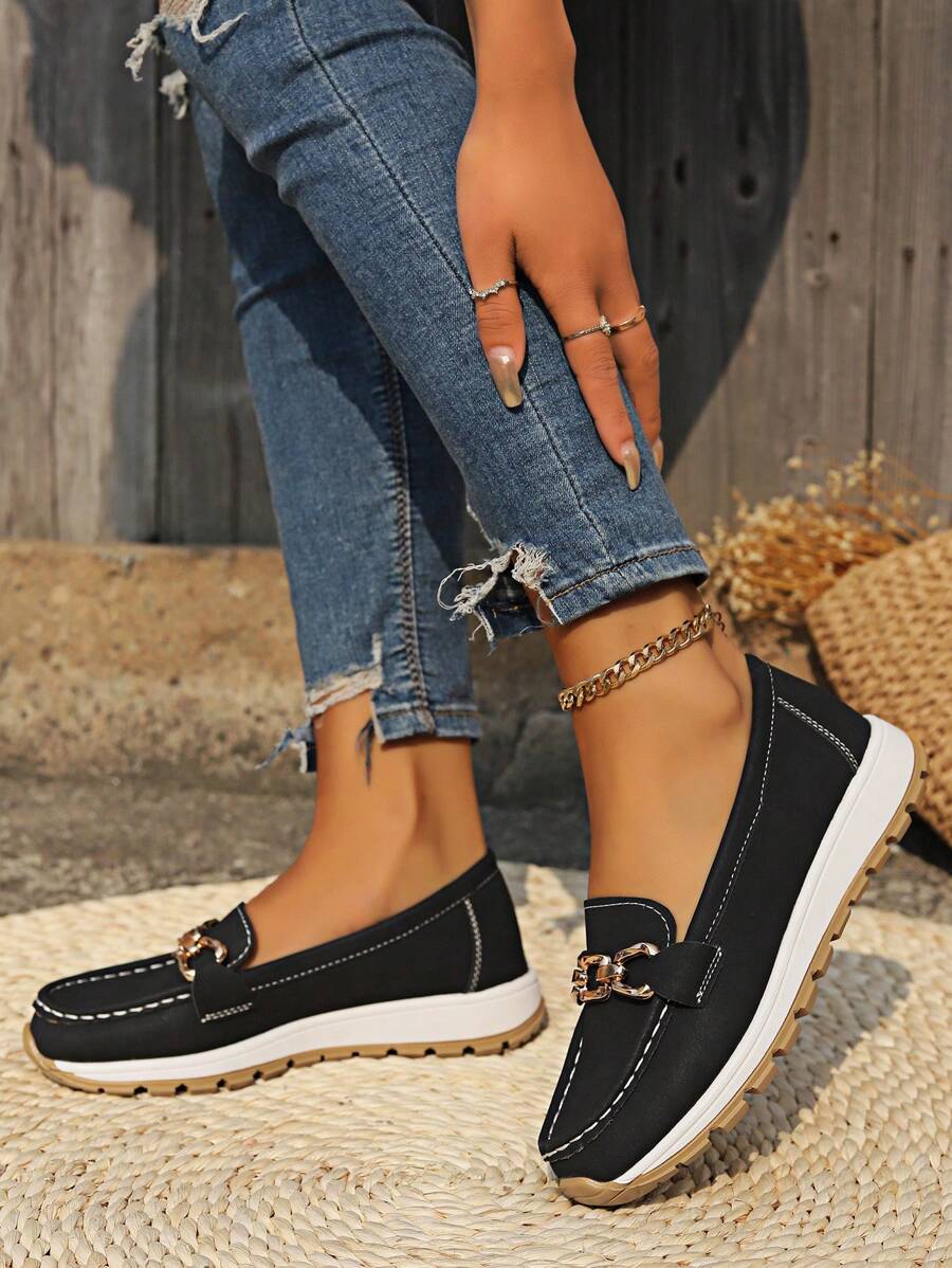 Women's casual flatform loafers. Slip-on round toe shoes with an eye-catching gold chain detail. Perfect for comfort.