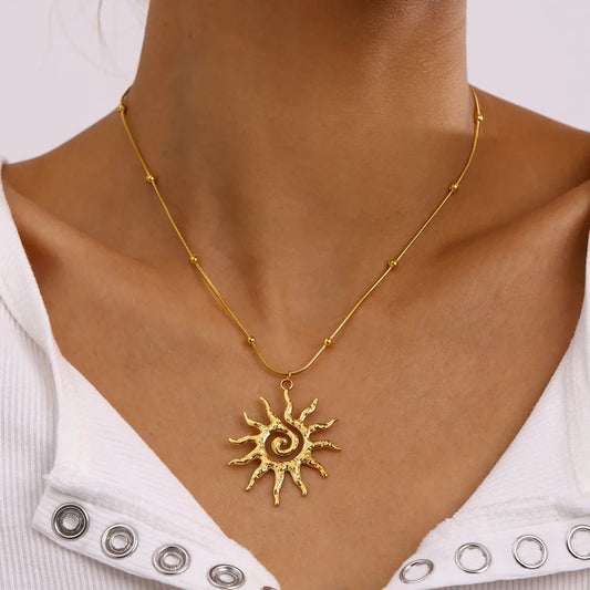 Women's gold sun charm necklace, adjustable stainless steel, perfect for bohemian elegance jewelry.