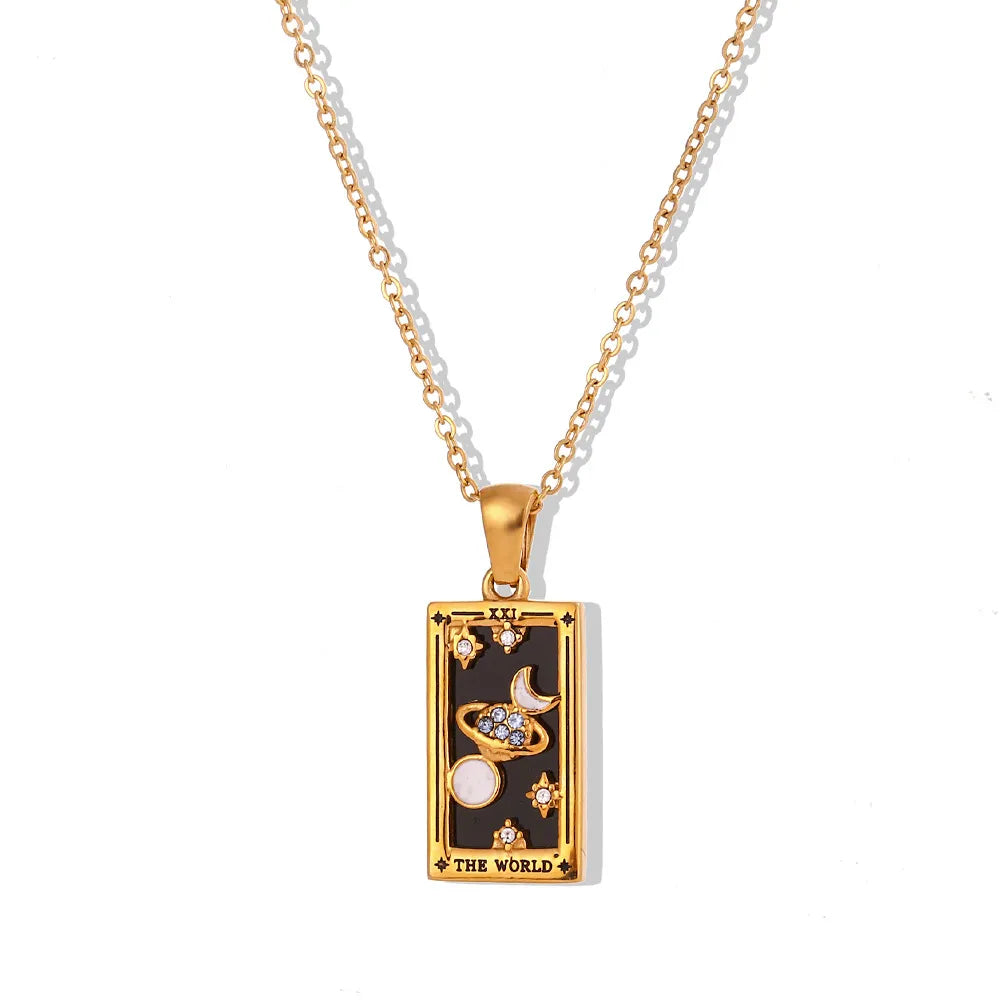 Detailed view of a women's symbolic tarot card necklace, offering spiritual guidance & style.