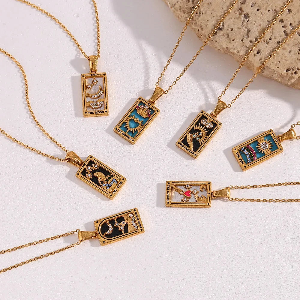 Shiny gold women's tarot card pendant necklace, elegant and symbolic spiritual accessory.