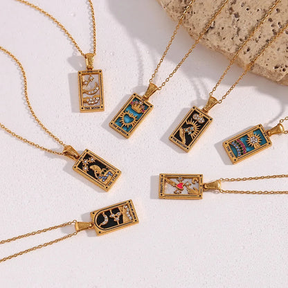 Shiny gold women's tarot card pendant necklace, elegant and symbolic spiritual accessory.