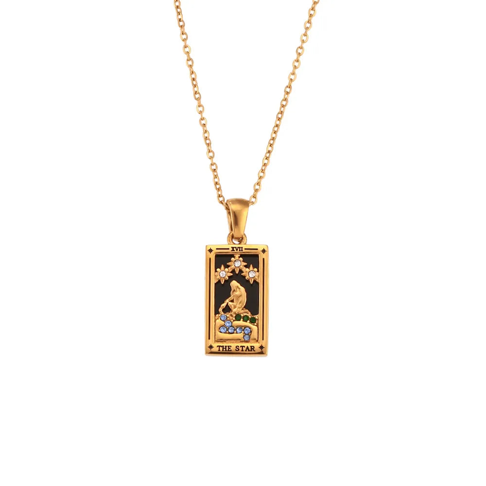 Stylish women's symbolic tarot card pendant, gold finish on a delicate chain, spiritual jewelry.