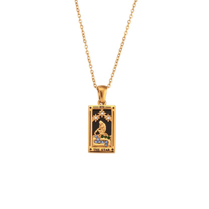 Stylish women's symbolic tarot card pendant, gold finish on a delicate chain, spiritual jewelry.