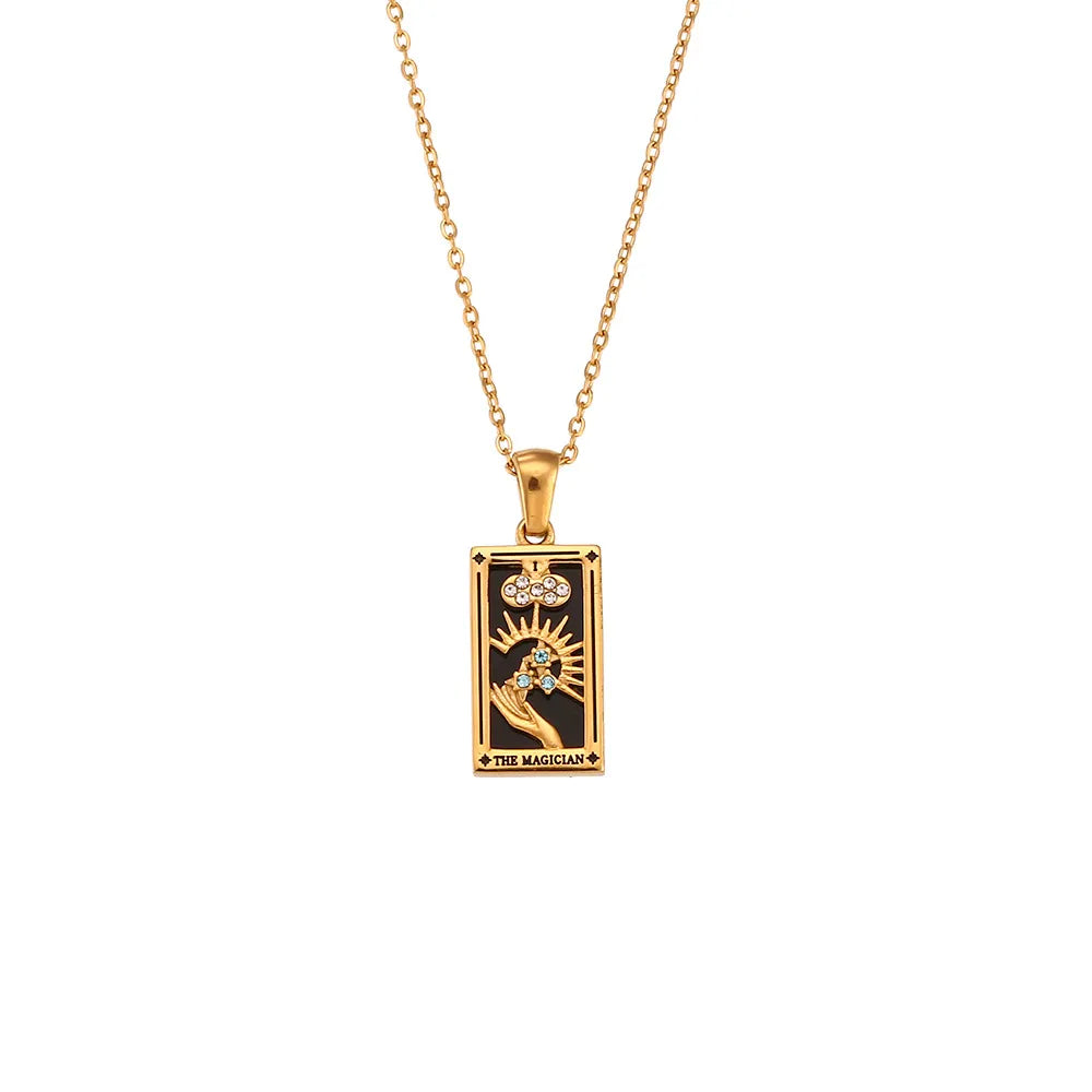 Gold tone women's tarot card charm necklace, symbolic spiritual jewelry for fashionistas.