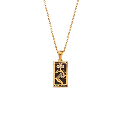 Gold tone women's tarot card charm necklace, symbolic spiritual jewelry for fashionistas.