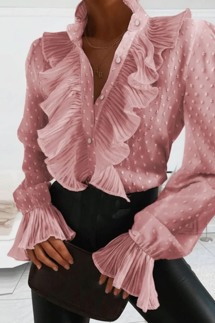 Elegant women's long sleeve ruffle blouse in a graceful design, ideal for versatile feminine fashion.