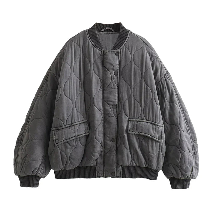 Women's gray quilted bomber jacket, cozy for everyday wear. Chic fall & winter outerwear.