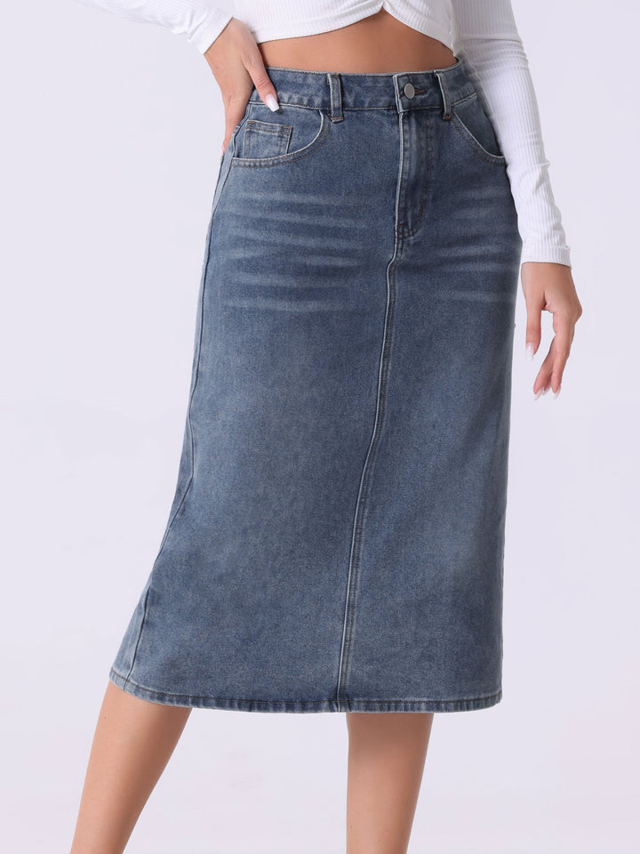 Women's grey blue high waist midi skirt with straight cut and a stylish slit for versatile casual or office wear.