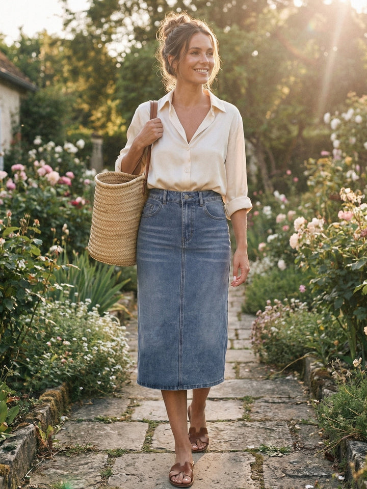 Comfortable high-waisted grey blue midi skirt for women, featuring a straight cut and slit, perfect for everyday style.