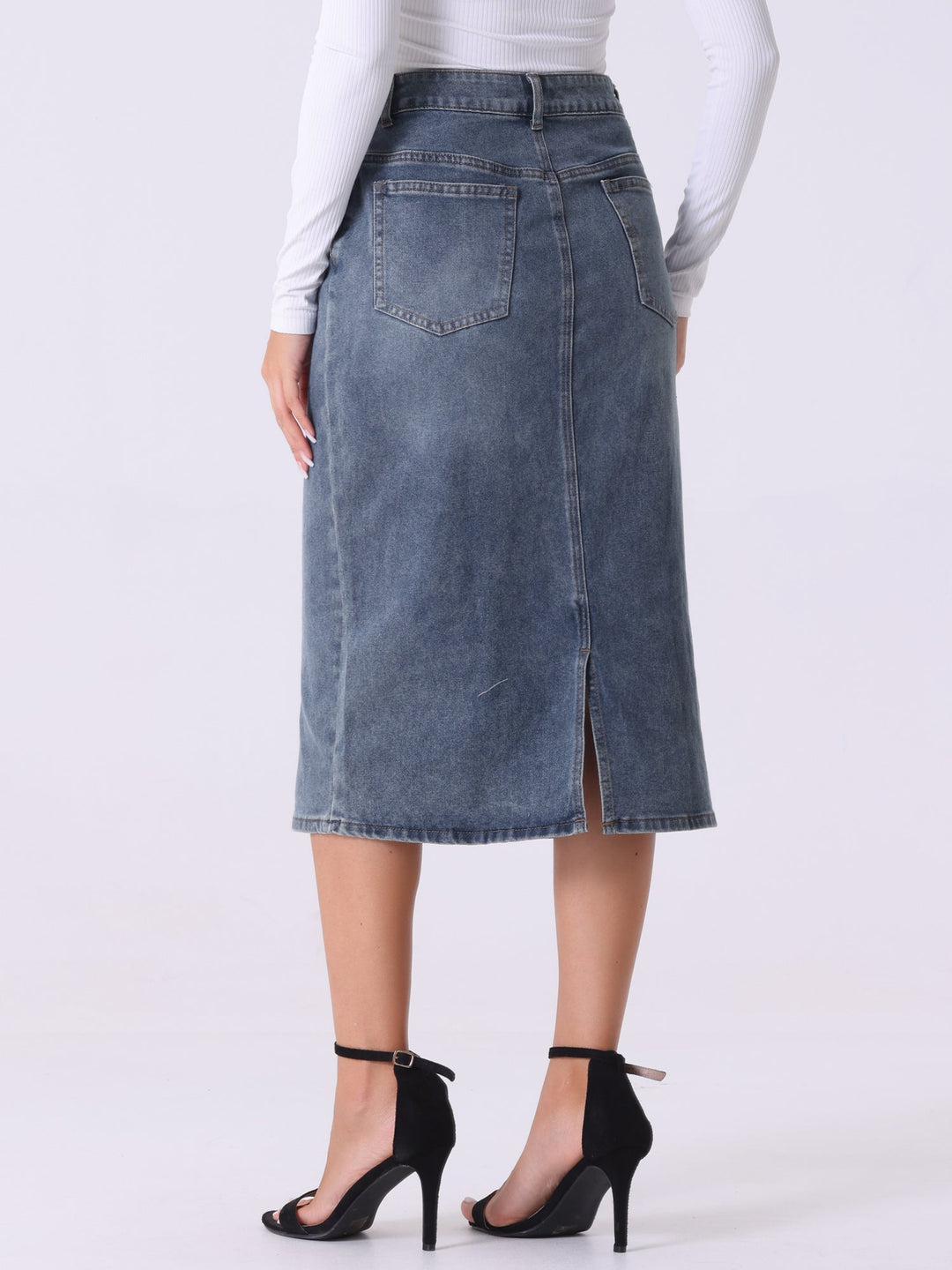 Modest yet stylish women's high waist midi skirt in grey blue with a straight cut & slit, ideal for office or casual.