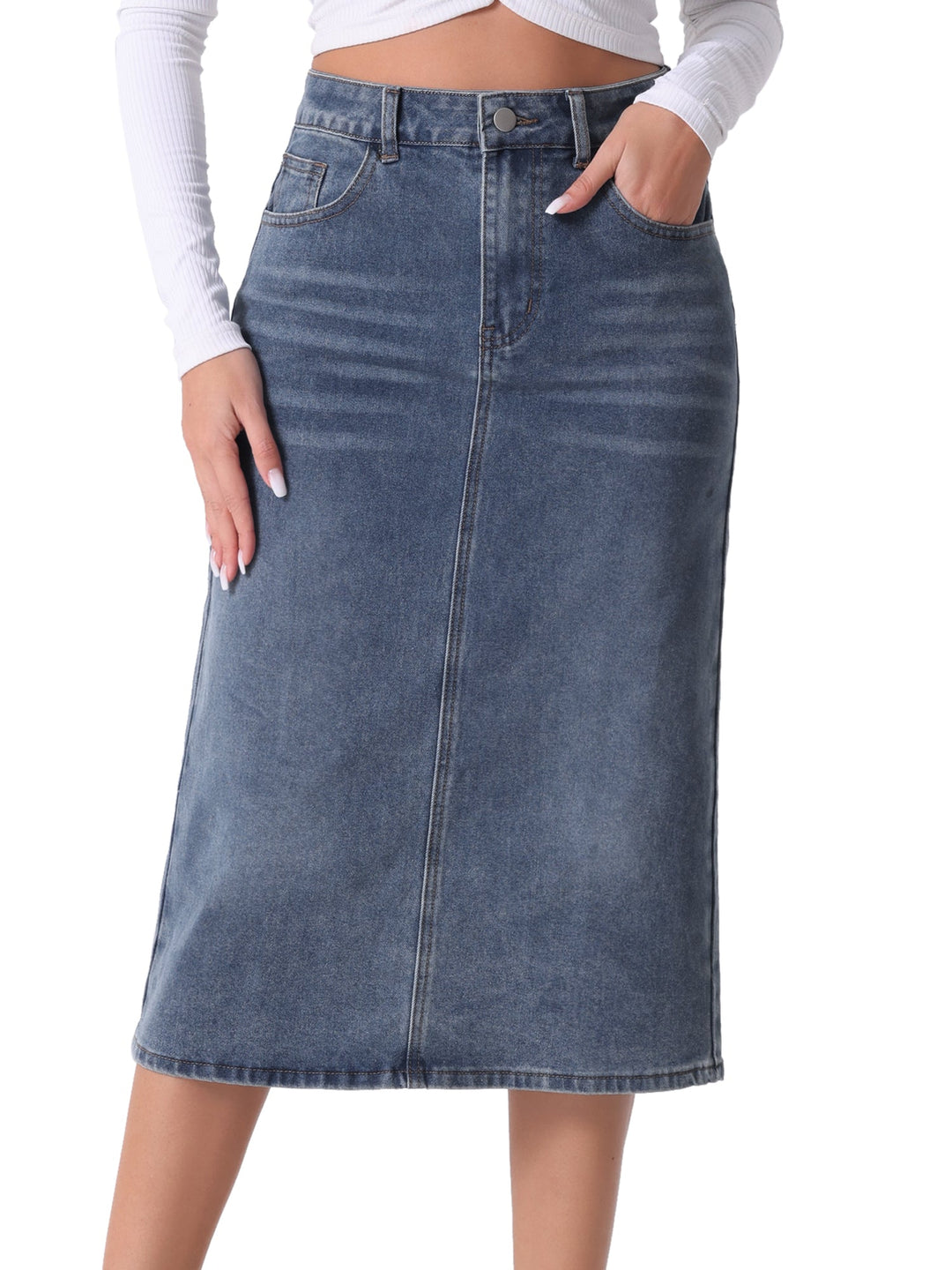 Effortless grey blue straight slit midi skirt for women, designed with a flattering high waist for everyday fashion.