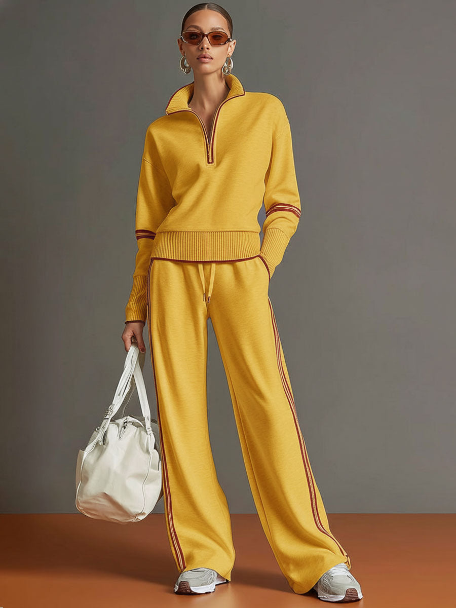 Cozy women's matching set. Half-zip sweatshirt with collar & comfortable wide-leg lounge pants.