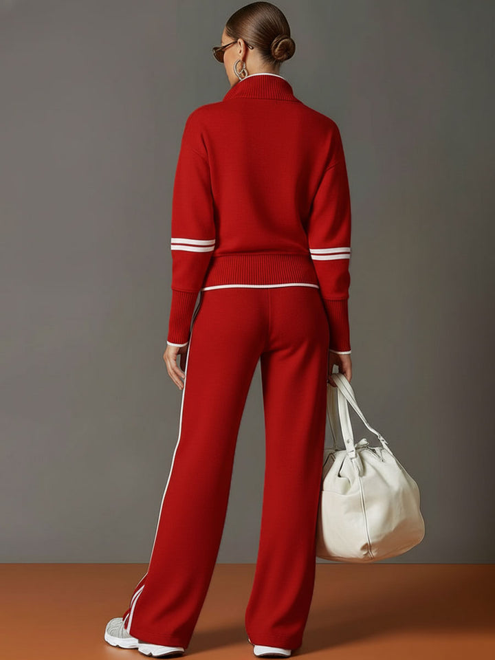 Trendy women's two-piece set. Half-zip top and stylish wide-leg pants for a modern look.