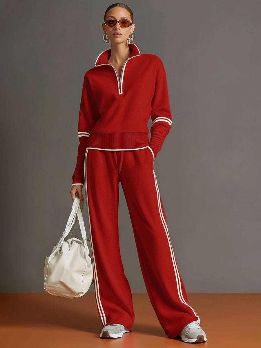 Women's comfortable half-zip sweatshirt & wide-leg trouser loungewear co-ord set.
