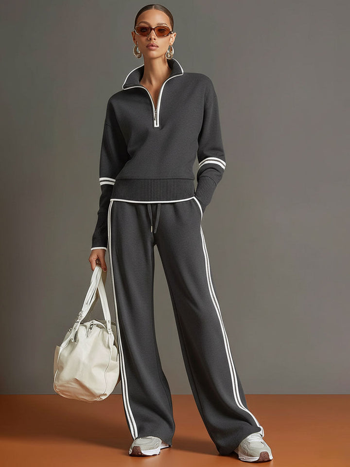 Women's two-piece casual set. Half-zip top & comfortable wide-leg pants for everyday style.