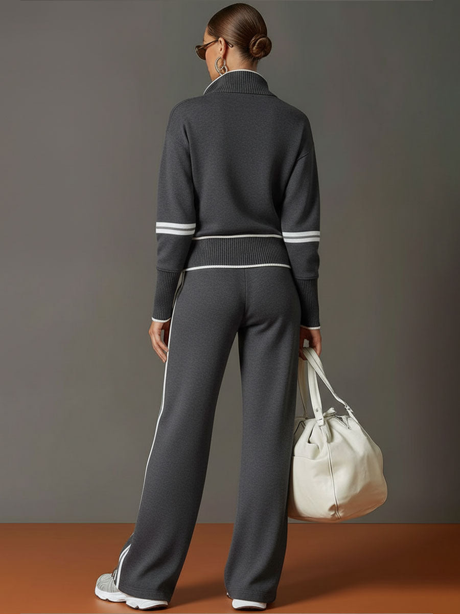 Versatile women's matching set: Half-zip sweatshirt & wide-leg trousers, perfect for relaxation.