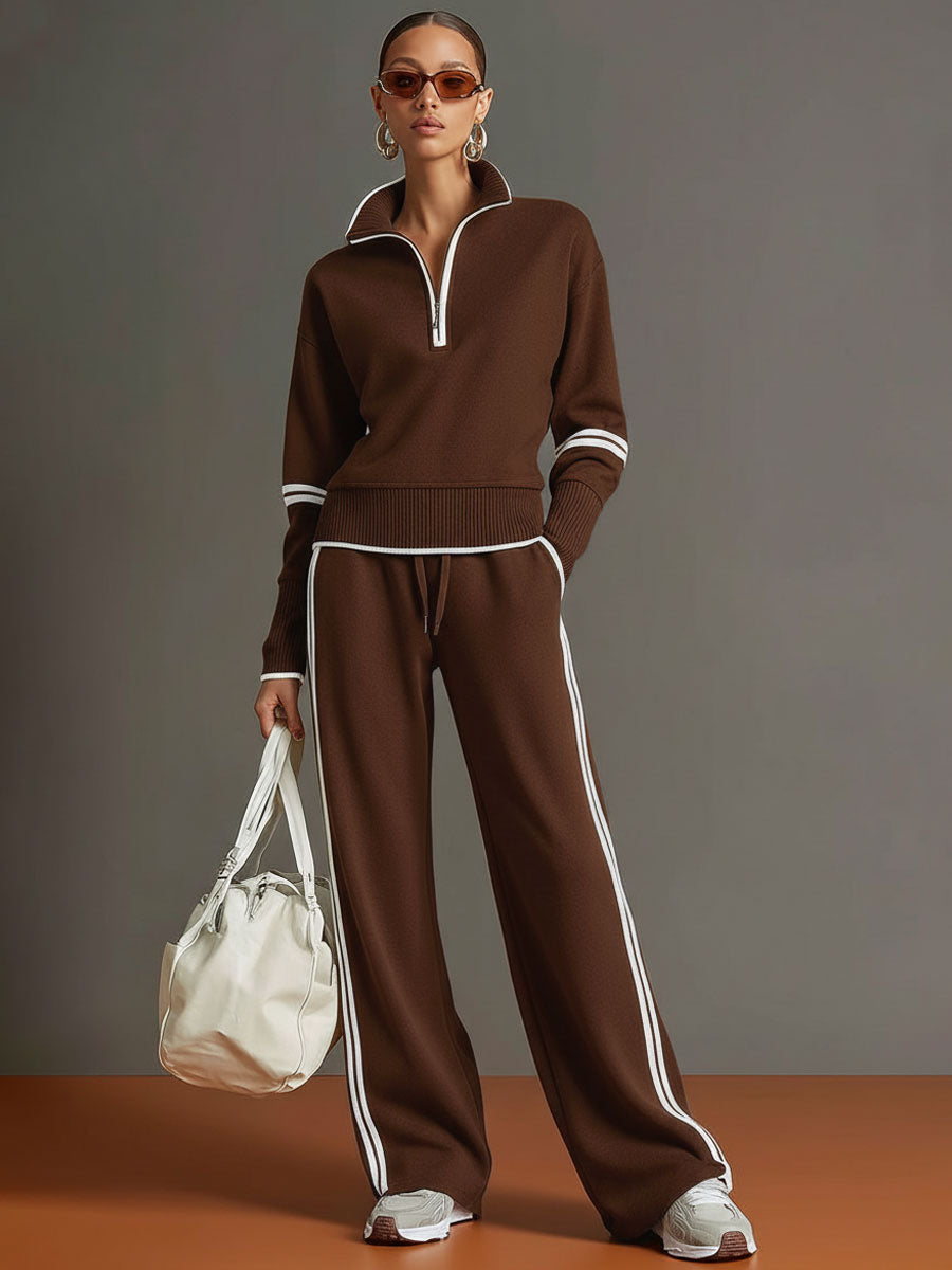 Fashionable women's athleisure co-ord. Half-zip long-sleeve top & comfortable wide-leg pants.