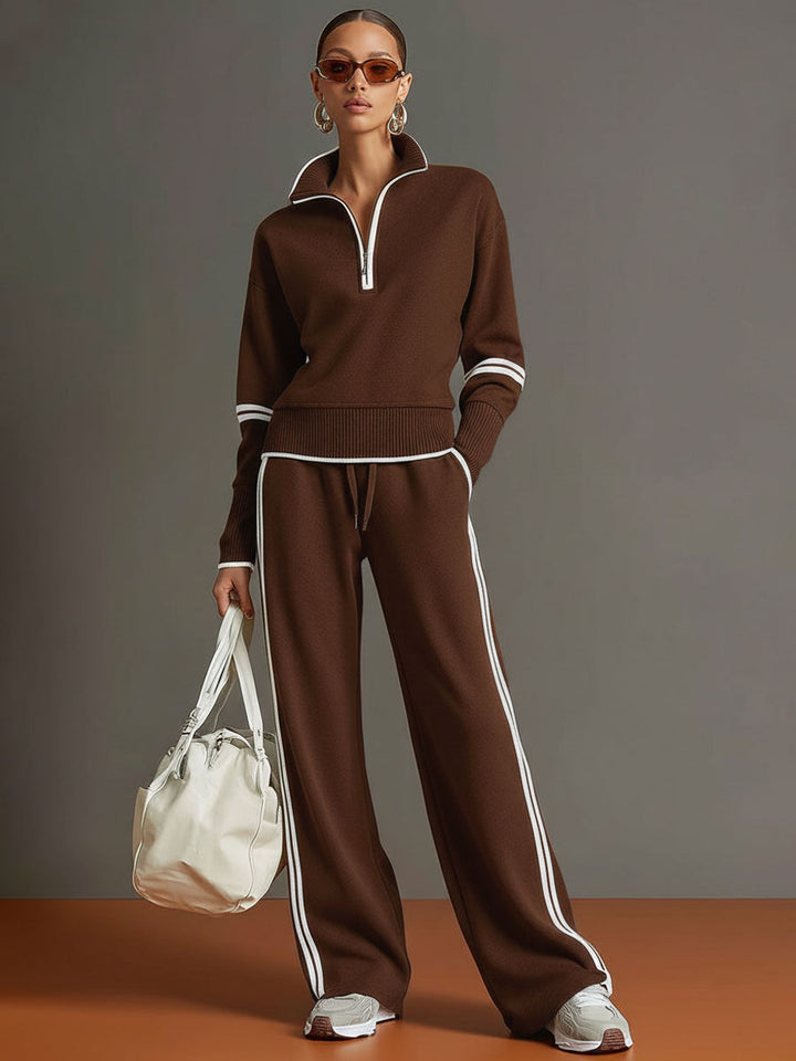 Fashionable women's athleisure co-ord. Half-zip long-sleeve top & comfortable wide-leg pants.