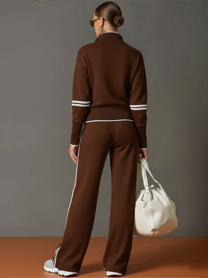 Elegant women's loungewear: Half-zip pullover & high-waisted wide-leg trousers. Modern design.