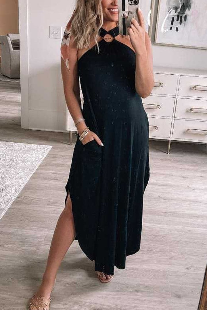 Effortless women's summer halter maxi dress, comfortable and flowy, great for beach, vacation, or casual.