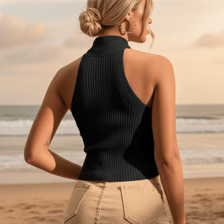 Fashionable women's halter neck crop top. Trendy summer top, perfect for beach style and vacation outfits.
