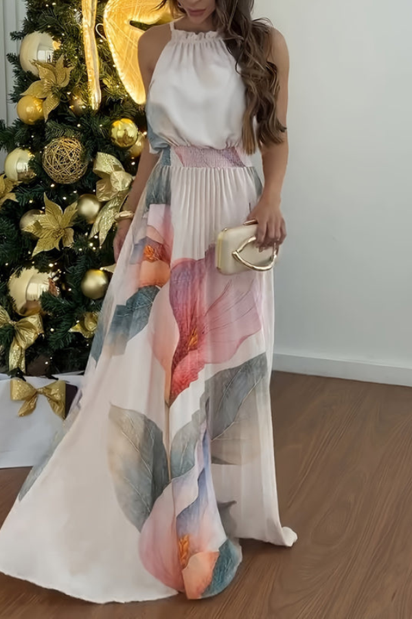Women's halter neck keyhole maxi dress. Perfect for elegant resort wear, summer vacations, or a beach party.