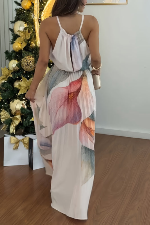 Flowing bohemian women's halter maxi dress with keyhole detail. Ideal for tropical beach vacations & summer elegance.