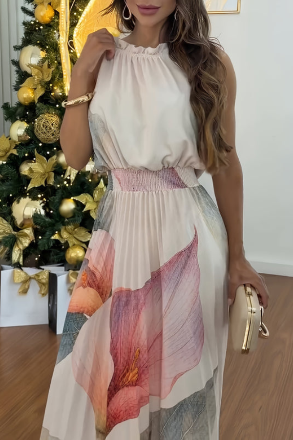 Woman in a flowing halter neck keyhole maxi dress, perfect for a chic beach vacation or summer resort wear.