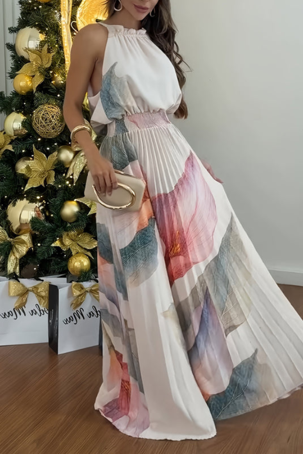 Bohemian elegant women's halter maxi dress with keyhole. Versatile for tropical beach, resort, or summer party.