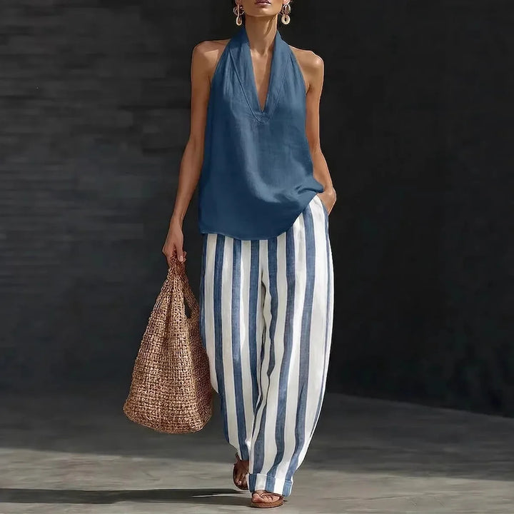 Stylish women's summer outfit featuring a sleeveless halter top and comfortable high-waist wide leg pants.