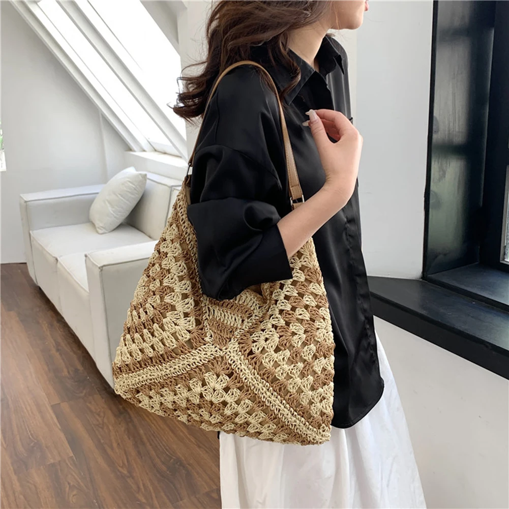 Travel-friendly lightweight women's hand-crocheted boho tote, a summer essential.