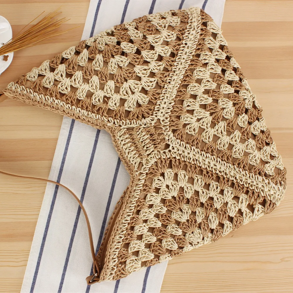 Fashionable women's hand-crocheted boho tote bag, a unique and stylish summer accessory.