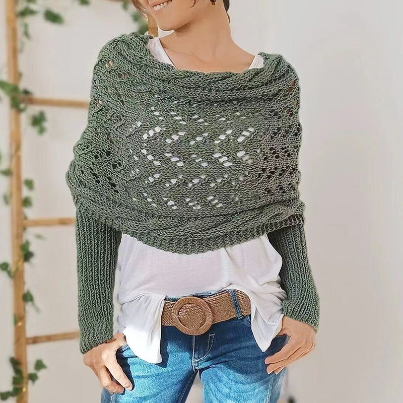 Women's hand-knitted acrylic scarf with sleeves. Cozy, stylish winter accessory & soft hypoallergenic wrap.