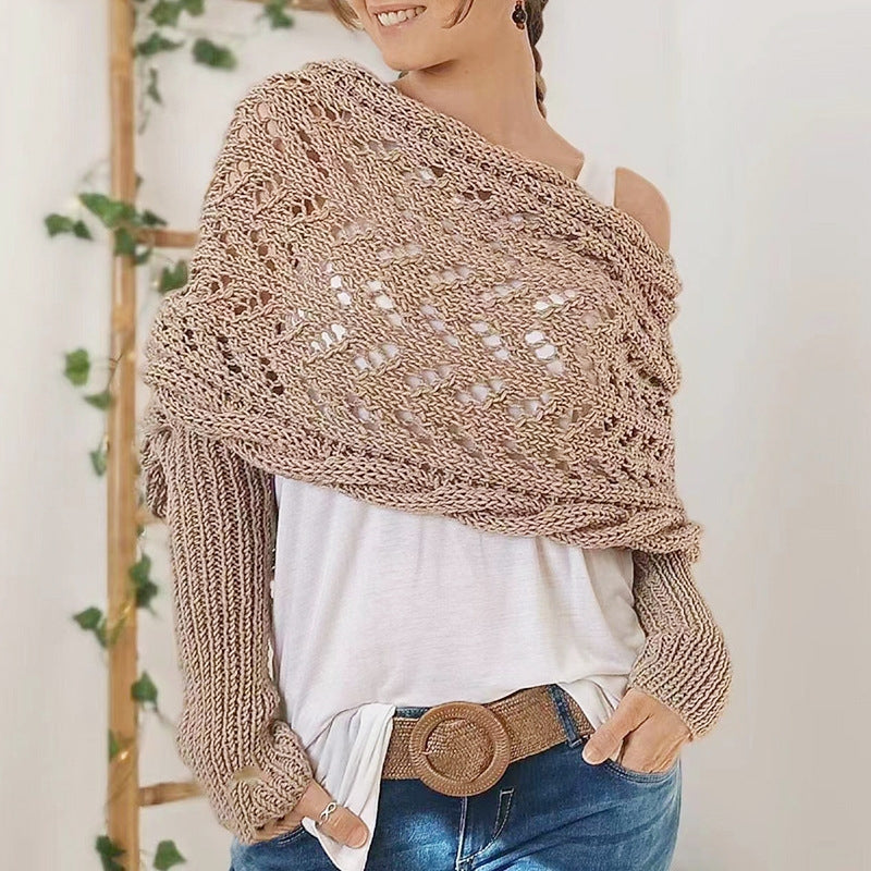 Soft acrylic knitted scarf with sleeves for women. Hypoallergenic, hand-knitted, warm & cozy winter wrap.