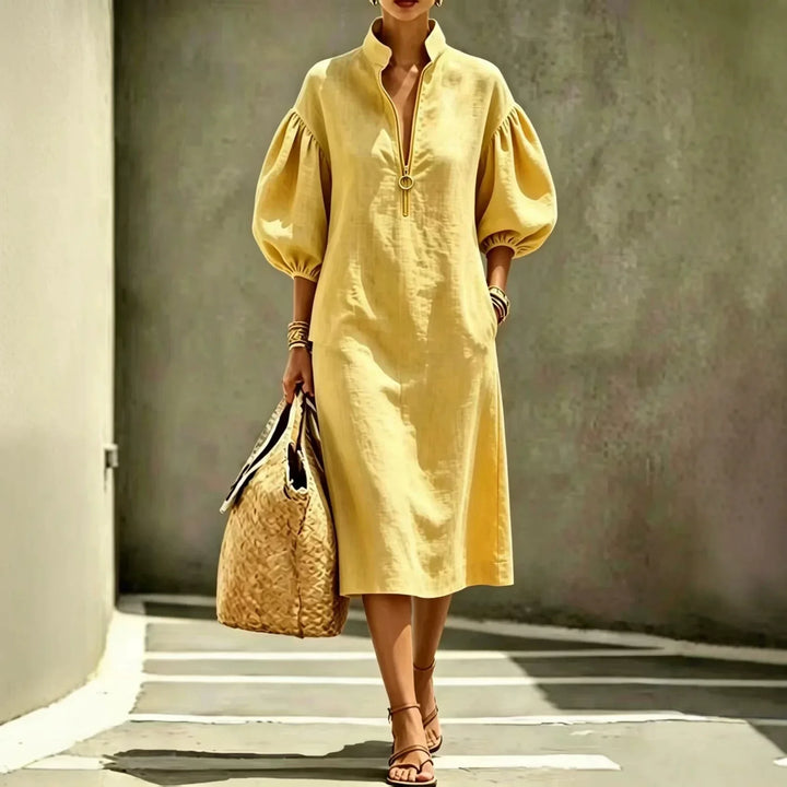 Women's Haven Beck half-zip midi dress, casual chic style with elegant bubble sleeves. Relaxed fit for versatile wear.